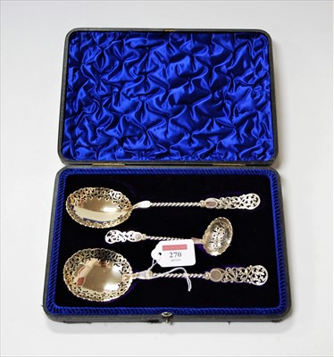 Lot 270 - A set of three Edwardian silver sifting spoons,...