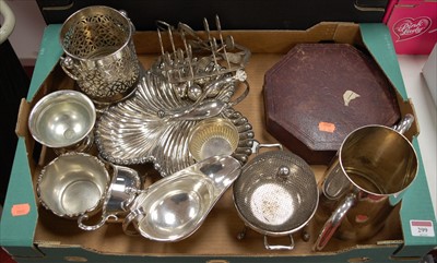 Lot 299 - A box of miscellaneous silver plated wares, to...