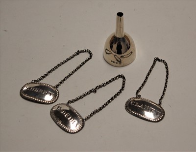 Lot 591 - Three silver decanter collars for claret,...