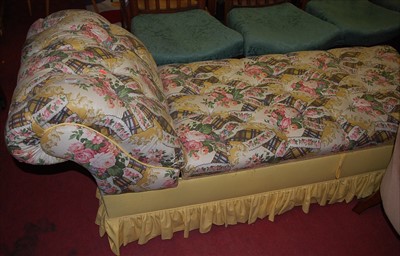 Lot 1341 - A floral buttoned upholstered scroll end day...