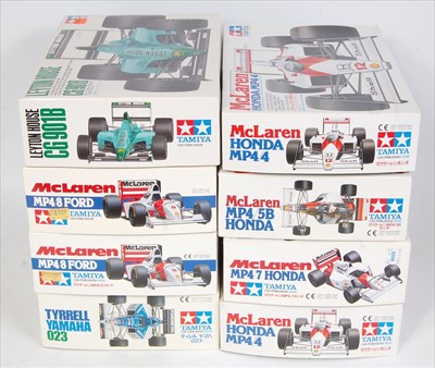 Lot 1529 - Eight various boxed as issued Tamiya 1/20...