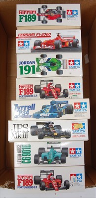 Lot 1551 - Eight various boxed as issued Tamiya 1/20...