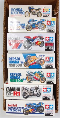 Lot 1591 - Seven various boxed as issued Tamiya 1/12...