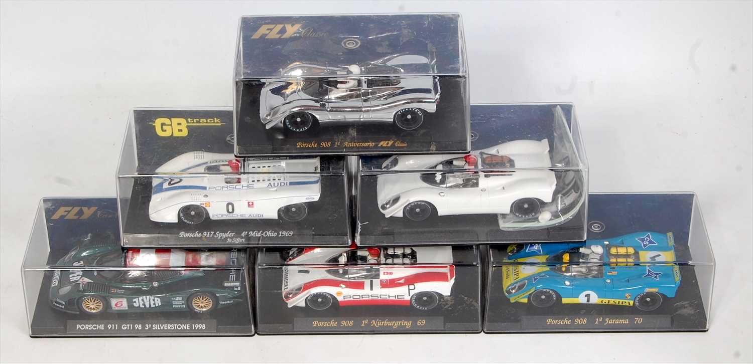 Lot 3161 - Six various plastic cased fly car model slot...