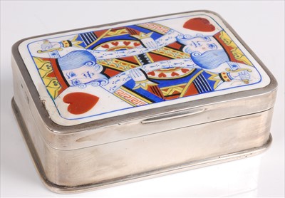 Lot 111 - A silver and enamel table playing card box,...