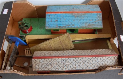Lot 569 - Two large trays containing Hornby stations etc:...