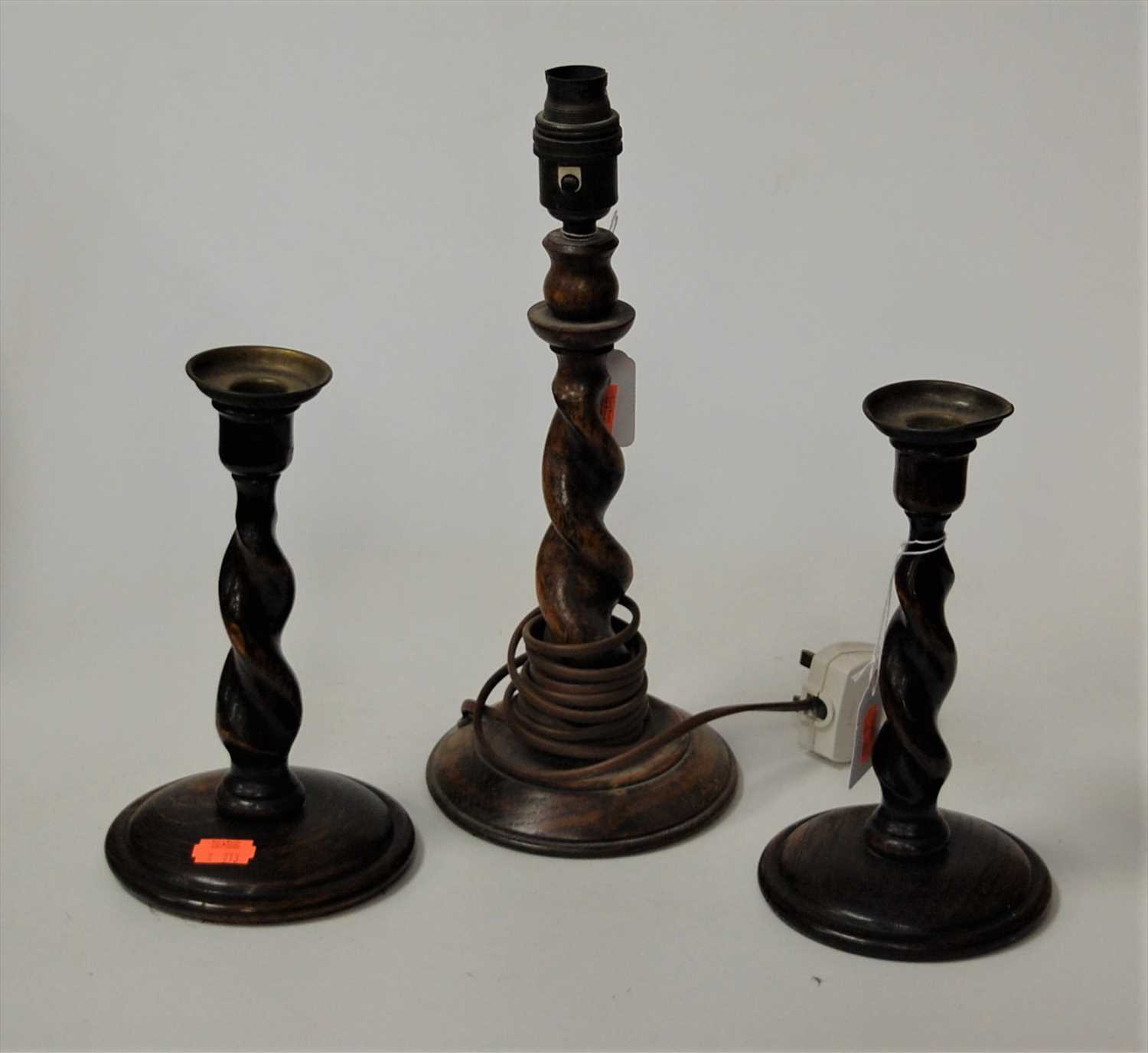 Lot 7 - A pair of oak barleytwist candlesticks, h.20cm;...