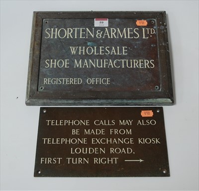 Lot 59 - A heavy brass annotated wall sign, w.25cm; and...
