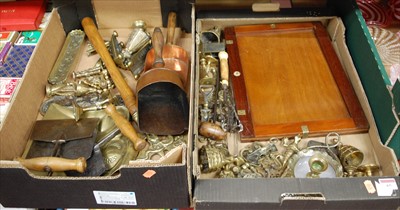 Lot 65 - Two boxes of assorted metalware, largely being...
