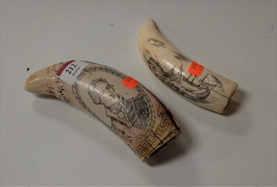 Lot 212 - A reproduction faux sharks tooth scrimshaw,...