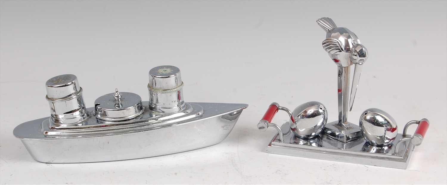 Lot 150 - A novelty chromed metal cruet stand in the...