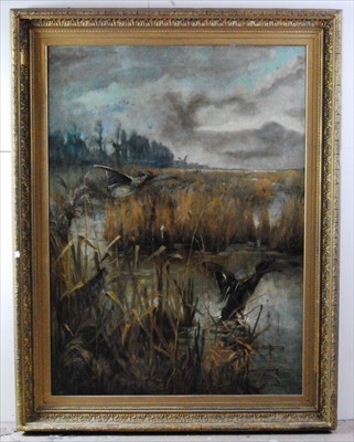 Lot 1405 - Charles F. Marsh - Ducks on the marshes, oil...