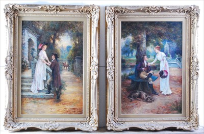 Lot 1424 - James Santley - Pair; Courtship scenes, oils...