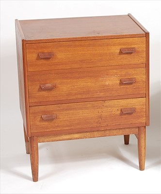 Lot 394 - A 1960s Danish teak three-drawer bedside chest,...