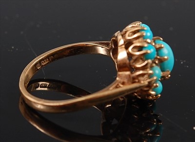 Lot 2155 - A 9ct yellow gold turquoise set cluster ring,...