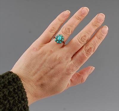Lot 2155 - A 9ct yellow gold turquoise set cluster ring,...