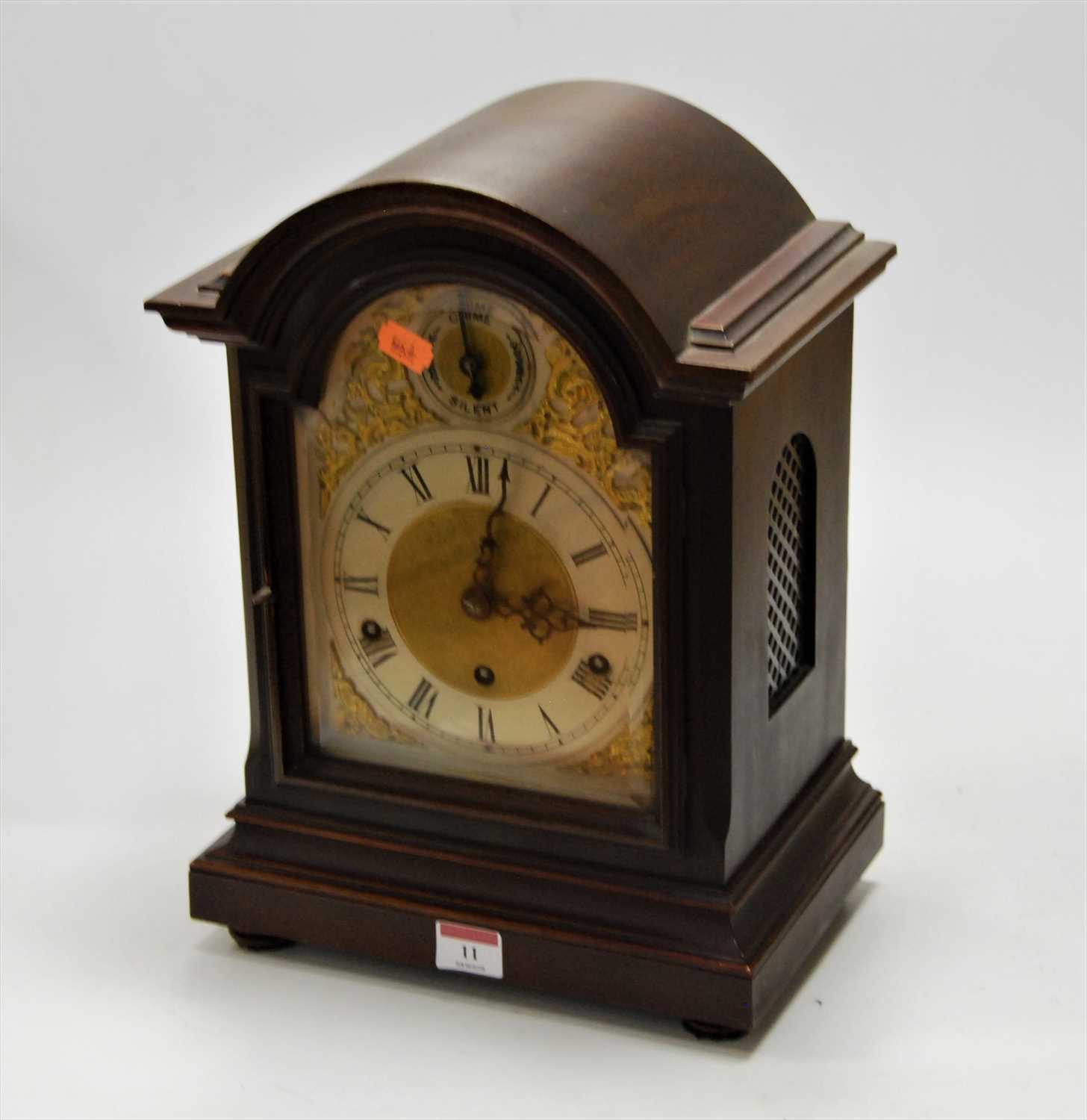 Lot 11 - A mahogany cased bracket clock, the silvered...