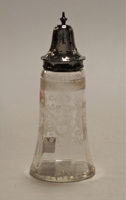 Lot 253 - A George V pedestal sugar sifter, the glass...