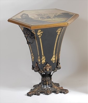 Lot 1479 - A Victorian Toleware pedestal fuel depot, of...