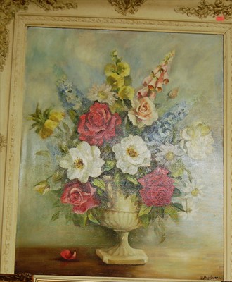 Lot 1012 - J Hepburn - Still life with cabbage-roses in a...