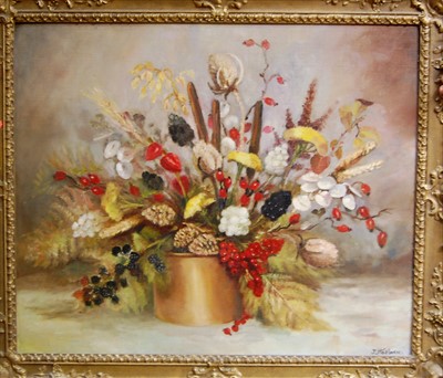 Lot 1013 - J Hepburn - Still life with wildflowers in a...