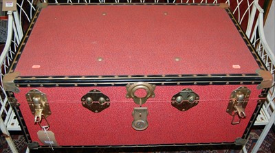 Lot 1278 - A canvas clad hinged top travelling trunk,...