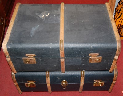 Lot 1077 - Two canvas and wooden bound travel trunks