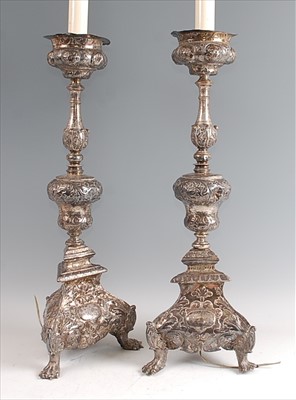 Lot 1313 - A pair of 19th century white metal alter...