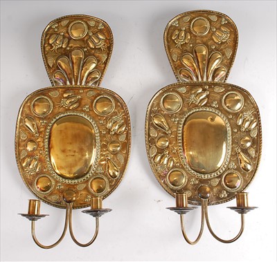 Lot 1316 - A pair of Dutch brass twin light wall sconces,...