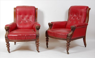 Lot 1522 - A pair of Victorian carved oak library chairs,...