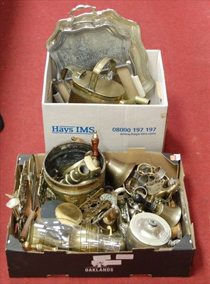 Lot 150 - Two boxes of miscellaneous metalware to...