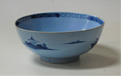 Lot 203 - An 18th century delft bowl, blue and white...