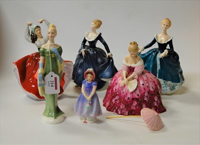 Lot 214 - Six Royal Doulton figurines, comprising Lorna...