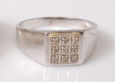 Lot 2206 - A 9ct white gold square signet ring, the head...