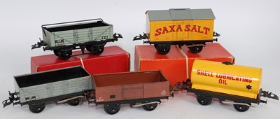 Lot 394 - Five Hornby post-war wagons; No.50 SAXA SALT...