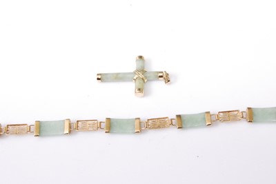 Lot 2039 - A 9ct gold and jadeite sectional link bracelet,...