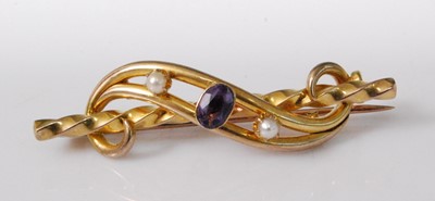 Lot 2223 - A yellow metal, amethyst and seed pearl set...