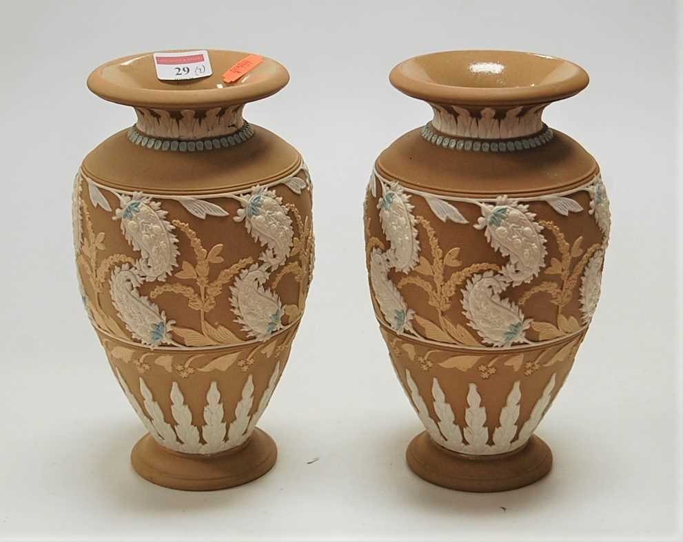 Lot 29 - A pair of Doulton silicon ware baluster form...