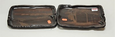 Lot 130 - A Japanese hardwood tray, carved with boating...