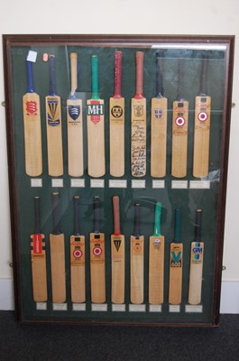 Lot 235 - A large framed display of 18 County Cricket presentation bats