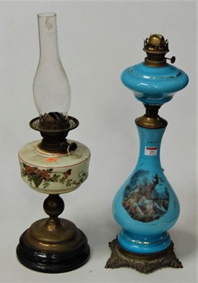 Lot 25 - A Victorian blue opalescent glass oil lamp,...