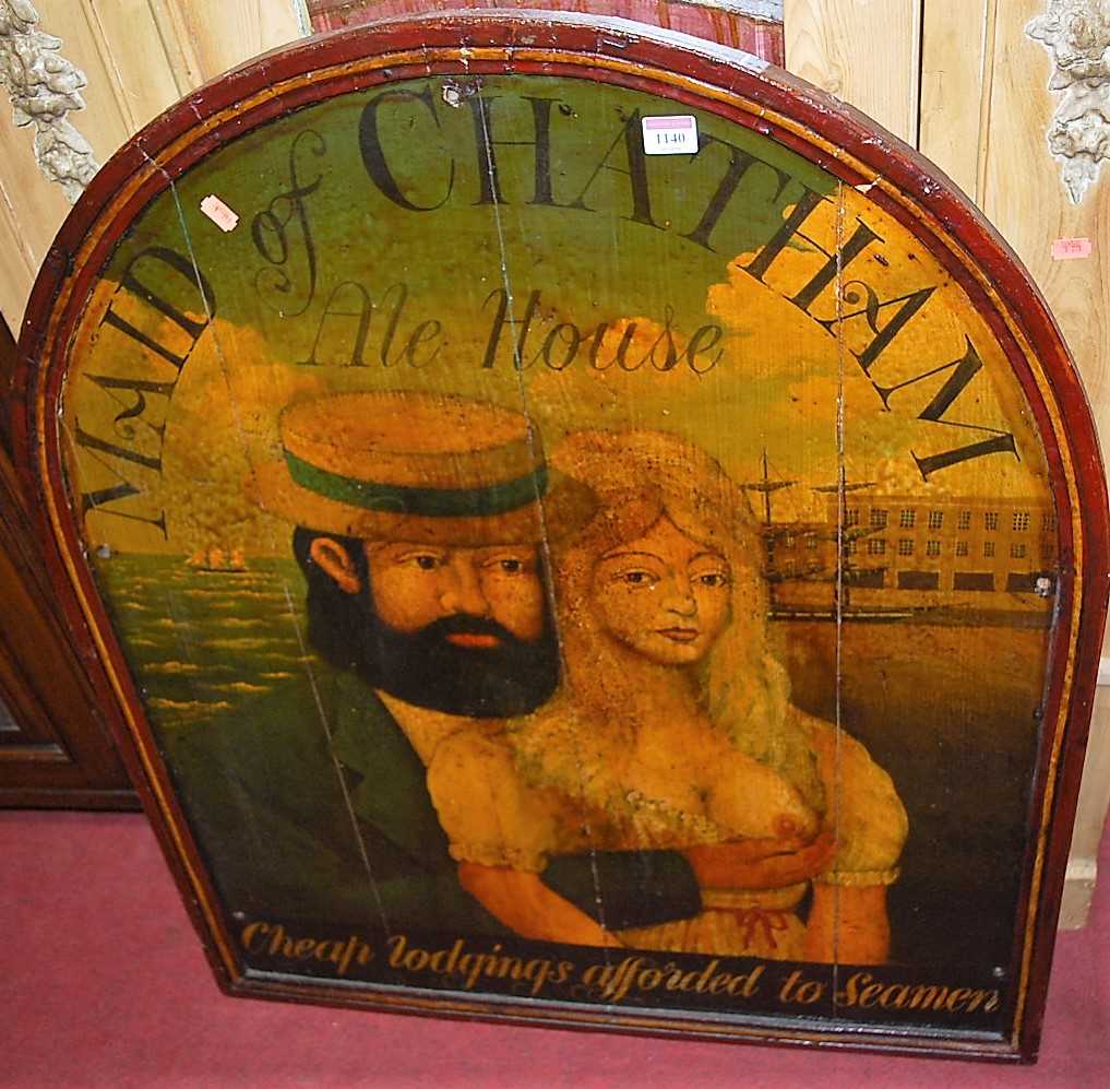 Lot 1140 - An arched and painted planked wood pub sign...