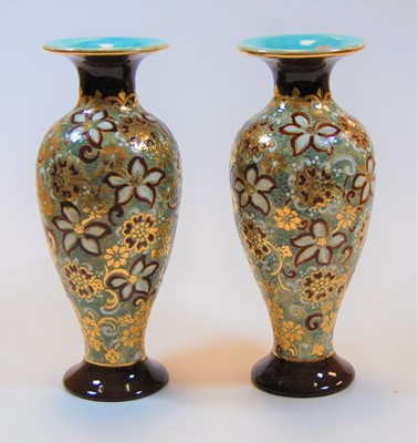 Lot 201 - A pair of Royal Doulton stoneware vases, each...