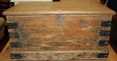 Lot 1415 - A 19th century pine and metal bound hinge top...