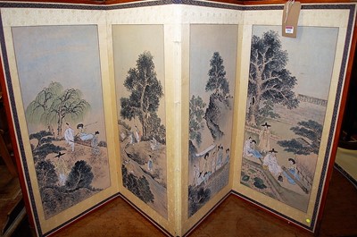 Lot 1462 - A Japanese canvas inset four fold low screen,...