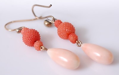 Lot 350 - A pair of coral and gilt metal ear pendants,...