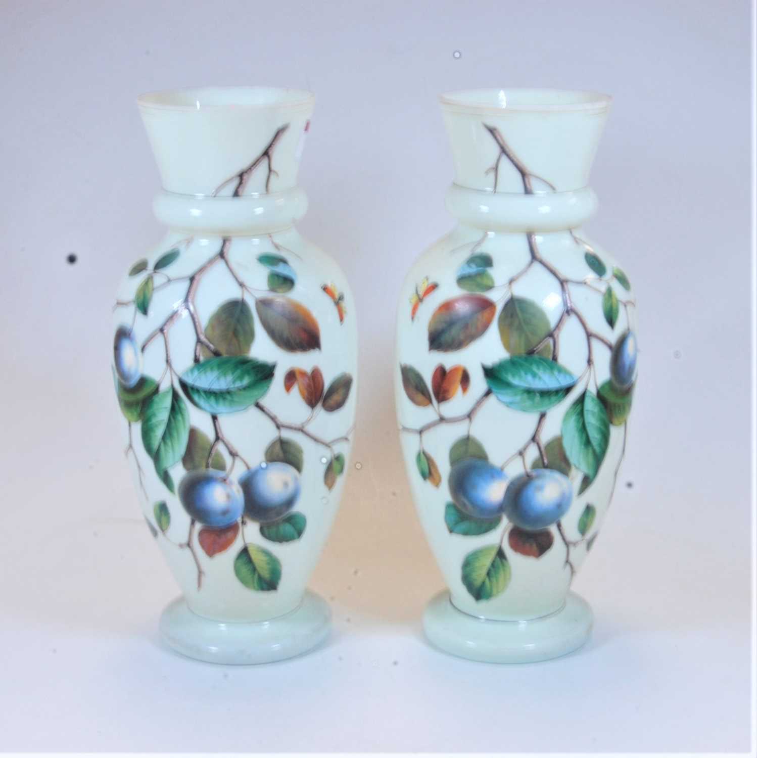 Lot 19 - A pair of Victorian opalescent glass vases of...