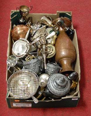 Lot 52 - A box of miscellaneous metalware, to include a...