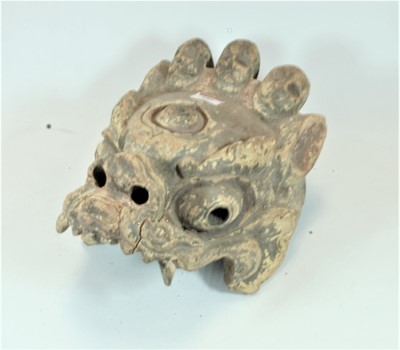 Lot 106 - A Chinese softwood mask, carved as a dragons...