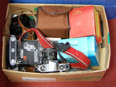 Lot 156 - A box of miscellaneous binoculars, cameras and...
